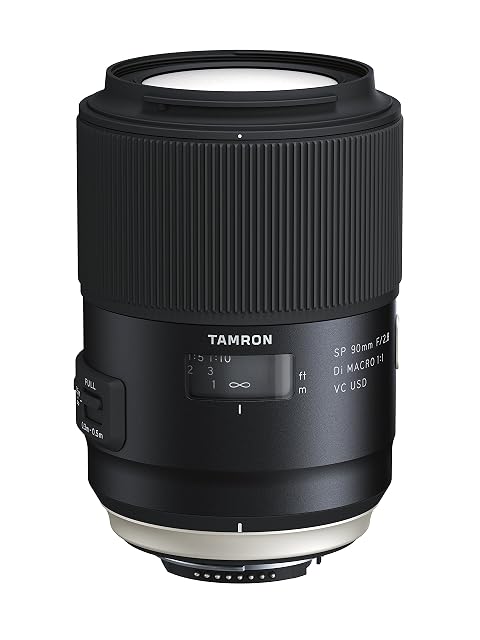 Tamron SP 90mm macro lens in black with a gold ring and a Nikon F mount