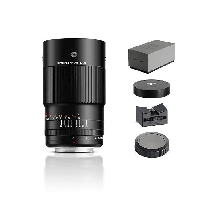 TTARTISAN 100mm 2X macro lens in black metal with cold-shoe mounting points on the barrel