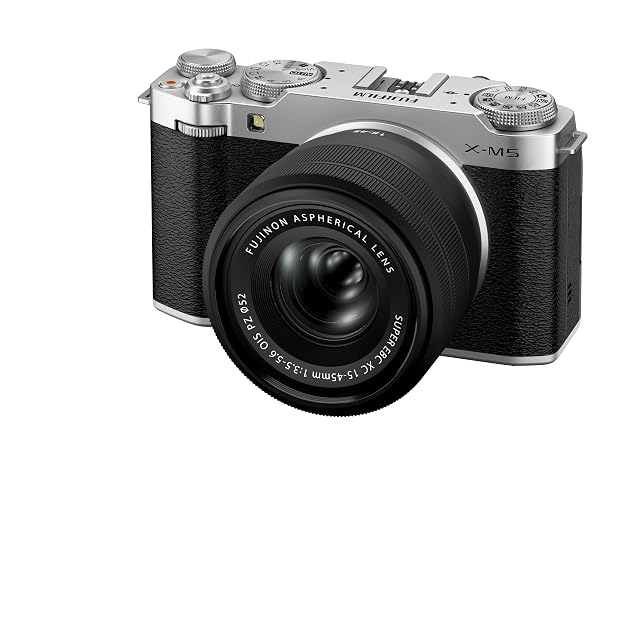 Fujifilm X-M5 silver mirrorless camera with the XC15-45mm kit zoom mounted