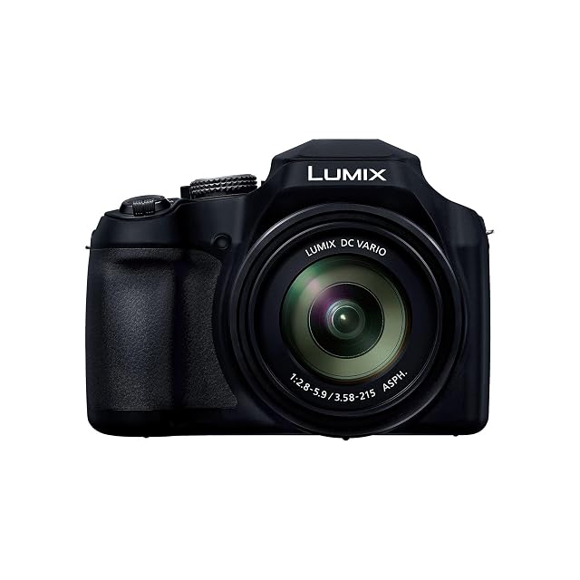 Panasonic Lumix DC-FZ82D black bridge camera with its long fixed zoom lens extended