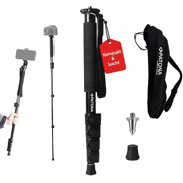 PATONA telescopic monopod in black aluminium with a textured grip and hand strap