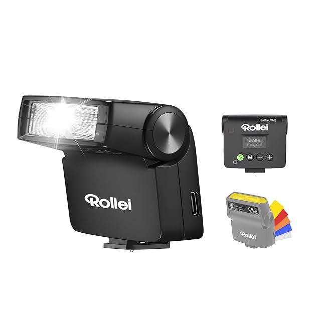 Rollei Flashy ONE compact flash in black with a small LCD panel on its back