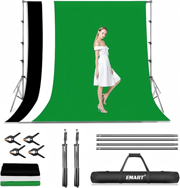 EMART backdrop system assembled with its white cloth and four clamps