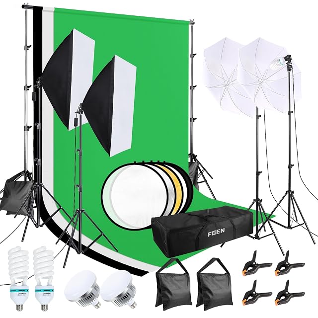 FGen studio set with its backdrop system, softboxes, umbrellas and stands assembled