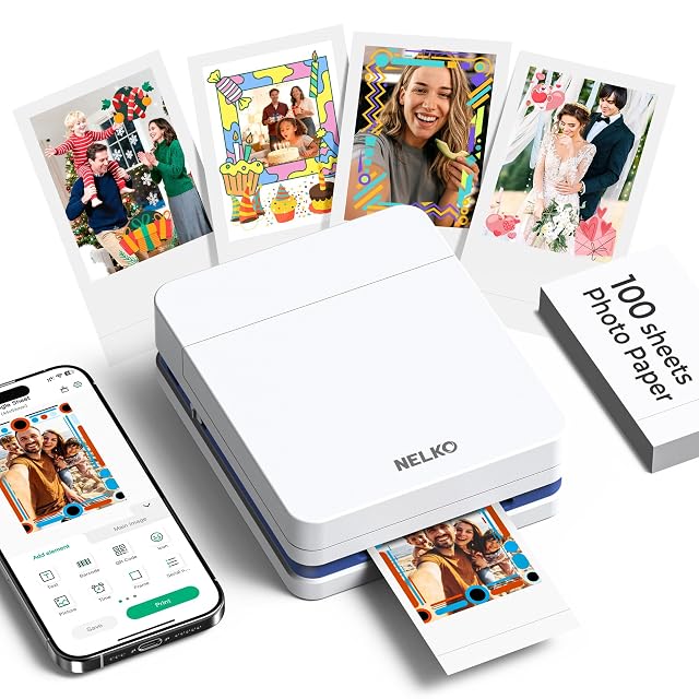 Nelko PP01 pocket photo printer beside a strip of self-adhesive prints