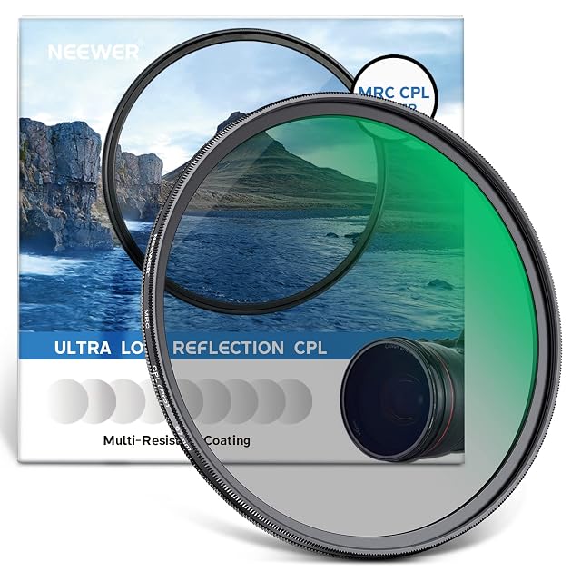NEEWER 67 mm CPL filter showing its knurled rotating ring and case