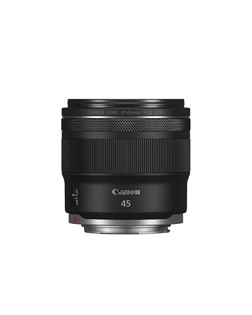 Canon RF 45mm F1.2 prime in black with its control ring behind the focus ring