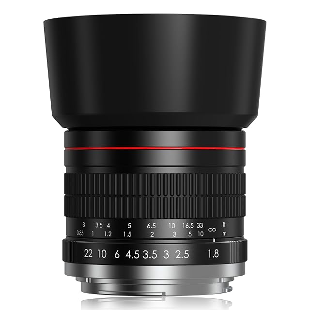 Lightdow 85mm F1.8 portrait lens in black metal with a wide focus ring and a fitted hood