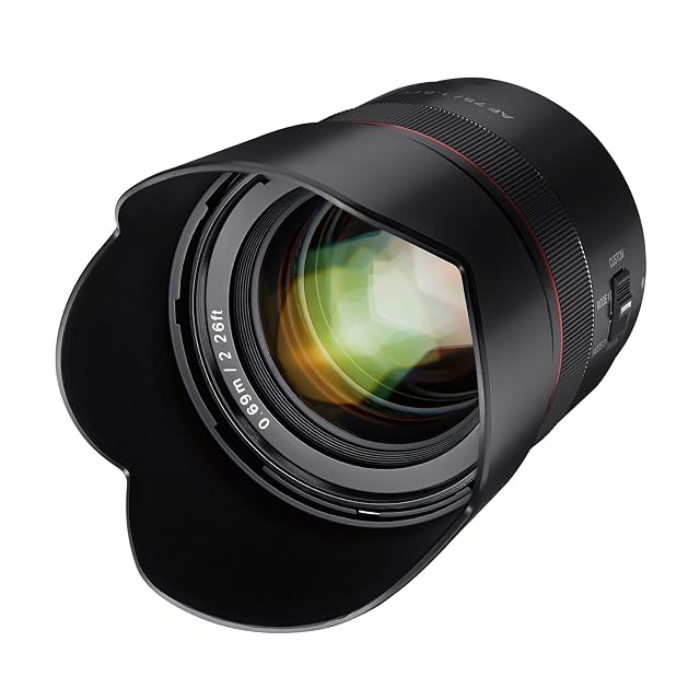 Samyang AF 75mm F1.8 portrait prime in black with its custom switch on the barrel