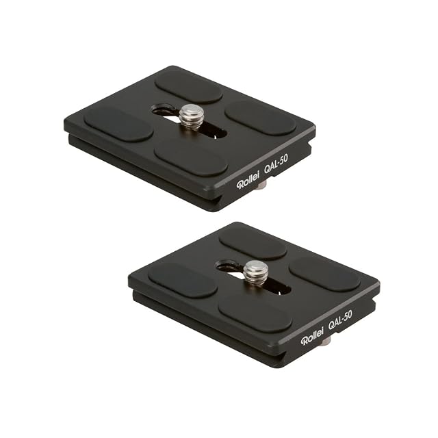 Pair of Rollei QAL-50 quick release plates in black aluminium with their fixing screws