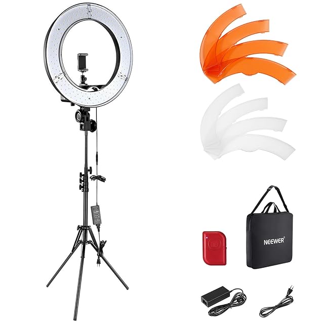 NEEWER 18 inch ring light on a tall stand with its soft tube phone holder and filter set
