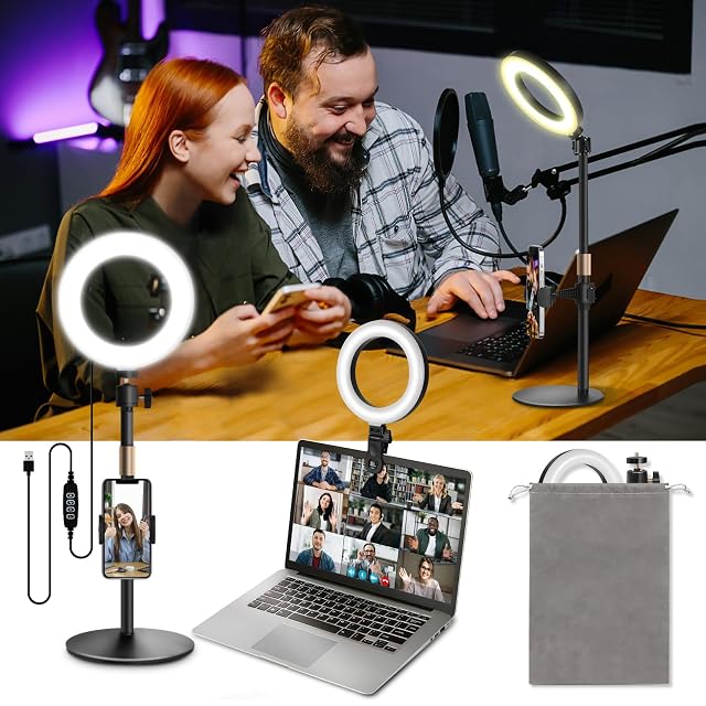 Railee 6 inch ring light on a weighted desk stand with its monitor clip beside it