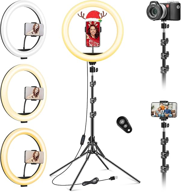 VEVICE 11.5 inch ring light on a four-legged aluminium stand with two phone holders