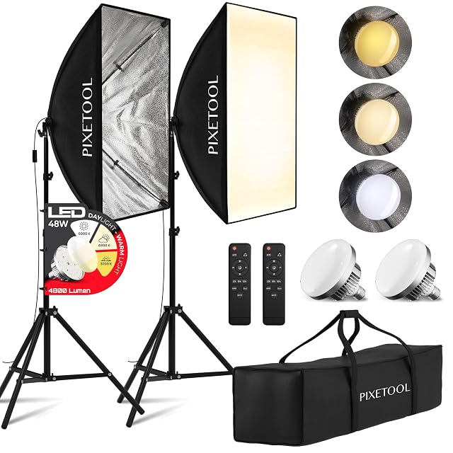 Pixetool softbox kit with two 70 by 50 cm boxes, LED lamps and remote controls