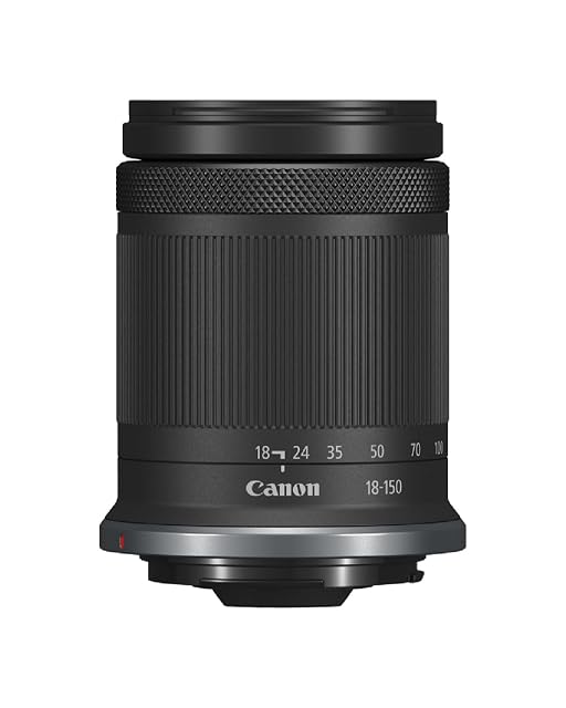 Canon RF-S 18-150mm zoom lens in black, barrel retracted, mount facing the camera