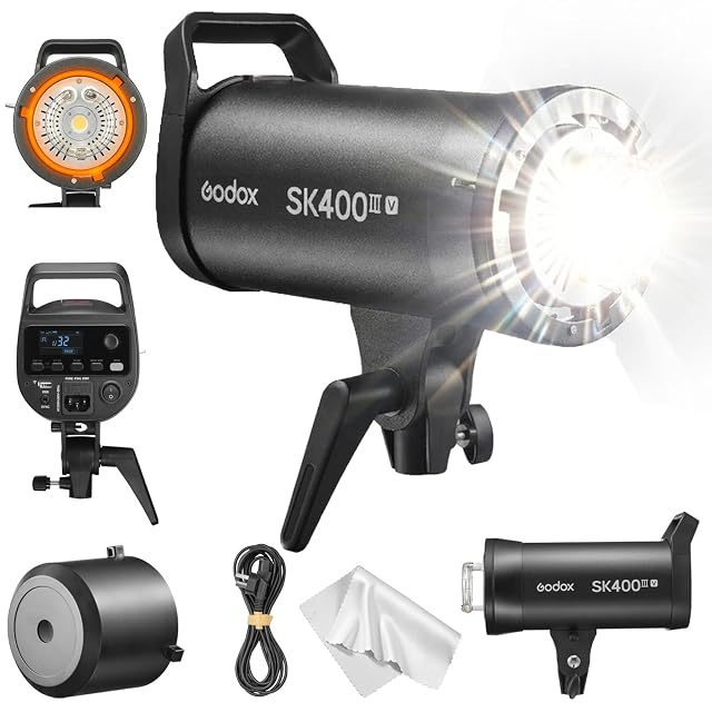 Godox SK400III-V studio flash in black with its control panel and Bowens bayonet