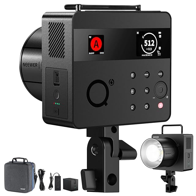 NEEWER Q6 studio flash with a square body, folding handle and two colour displays