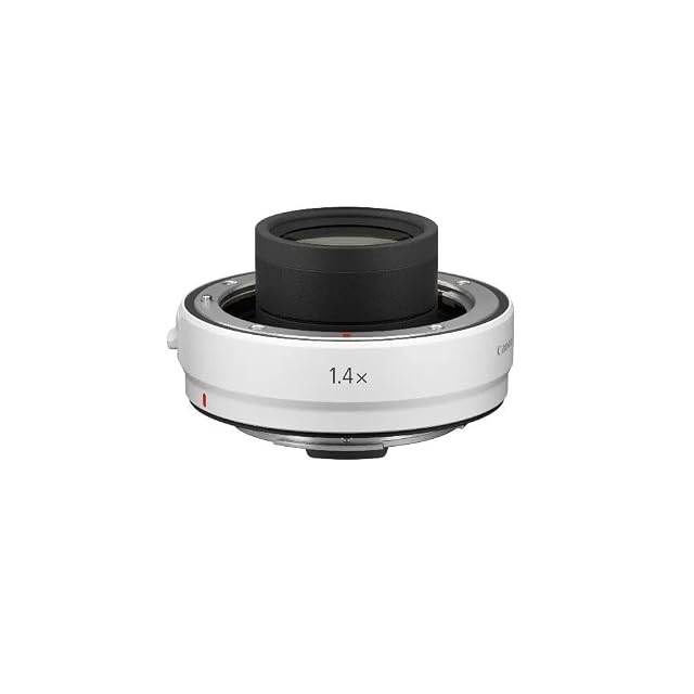 Canon Extender RF 1.4x in light grey with its two caps and pouch