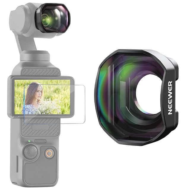 NEEWER teleconverter clipped magnetically to the front of a DJI Osmo Pocket