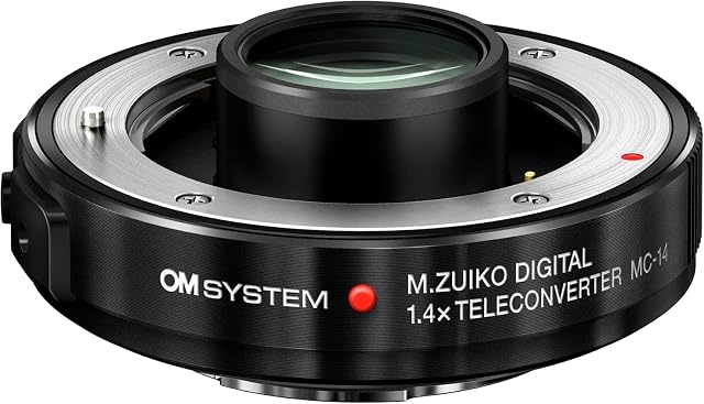 OM System MC-14 teleconverter showing its slim housing and metal bayonet