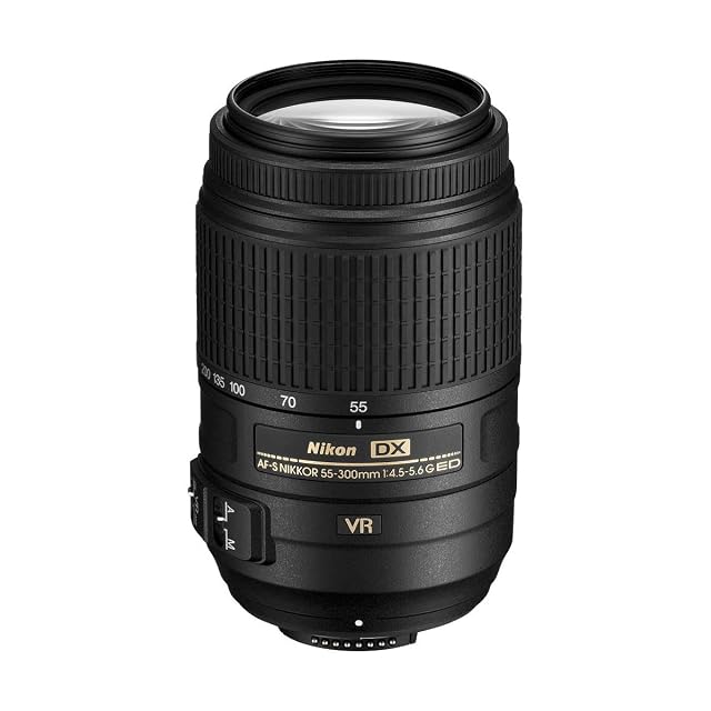 Nikon AF-S DX 55-300mm telephoto zoom in black with its hood reversed on the barrel