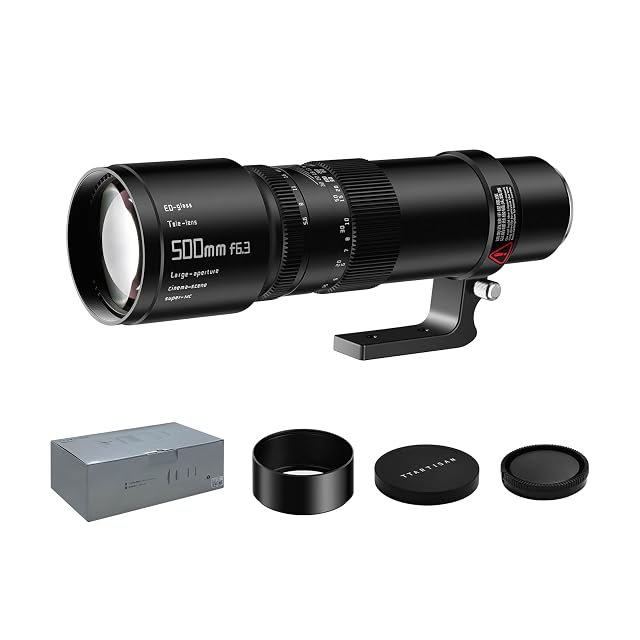 TTARTISAN 500mm F6.3 super telephoto prime in black with its tripod ring around the barrel