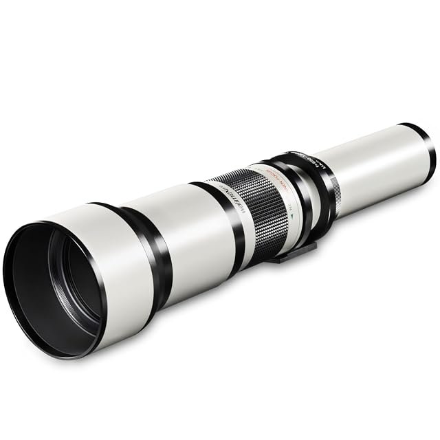 Walimex pro 650-1300mm telephoto lens, long black metal barrel with its hood extended