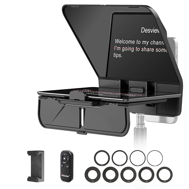 Desview T5 teleprompter with a tablet mounted and its adapter rings laid out