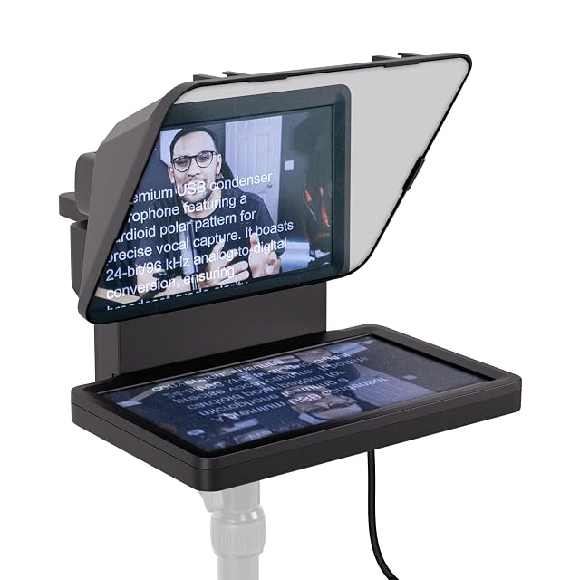 Elgato Prompter with its integrated display showing a script in front of a camera