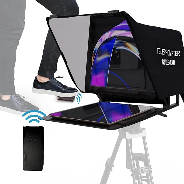 Leeventi teleprompter with its reflection glass angled over a camera lens