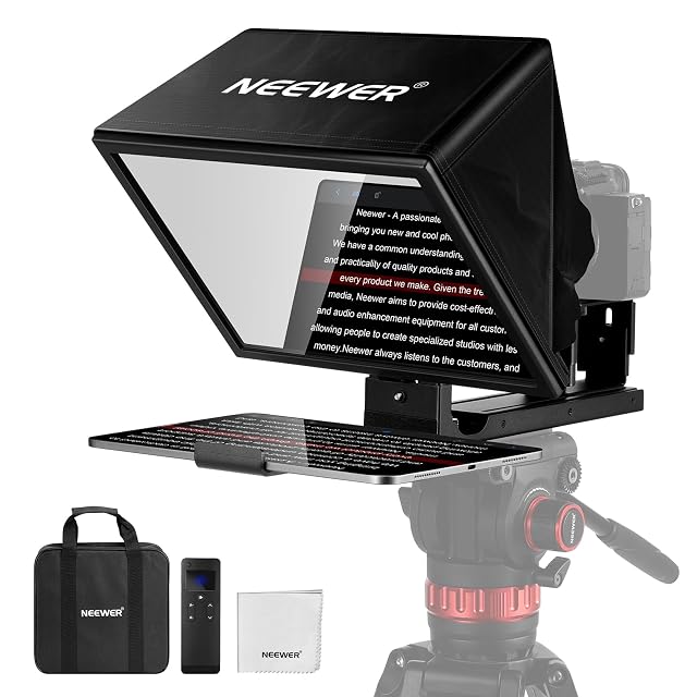 NEEWER X12B teleprompter folded open with a tablet in place and its remote