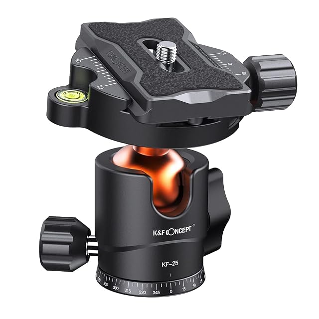 K&F Concept KF-25 ball head in black with its three control knobs and bubble level