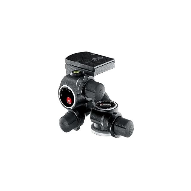 Manfrotto 410 Junior geared head with its three adjustment knobs and levelling bubble