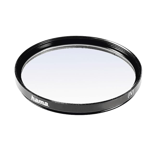 Hama 49 mm UV filter in its black metal frame beside its plastic box