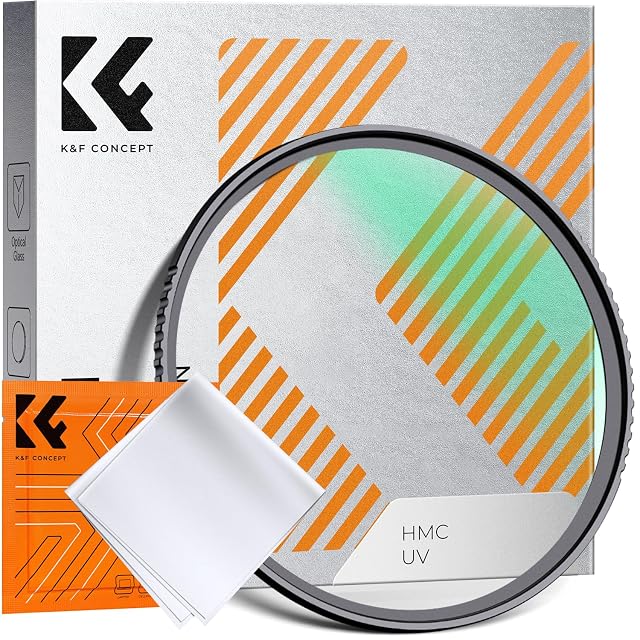 K&F Concept 67 mm UV filter with its green-tinted coating catching the light