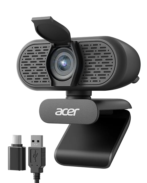 Acer WBC-0H01 black webcam with a folding privacy cover mounted on a laptop lid