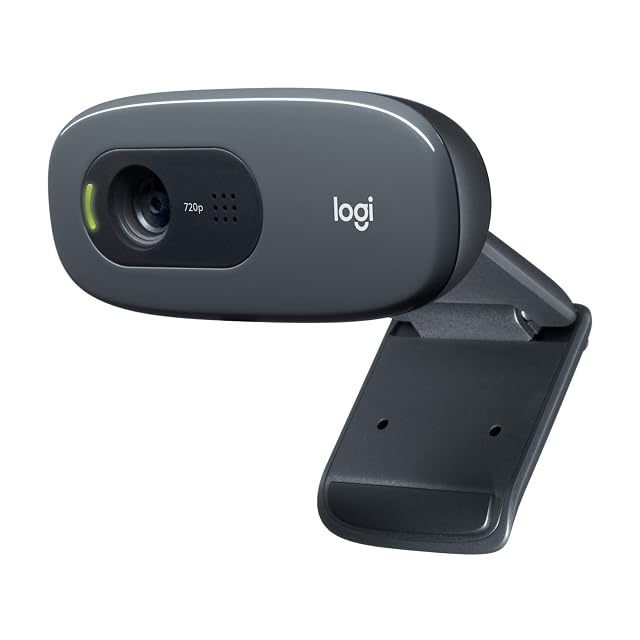 Logitech C270 small black webcam clipped to the top of a monitor