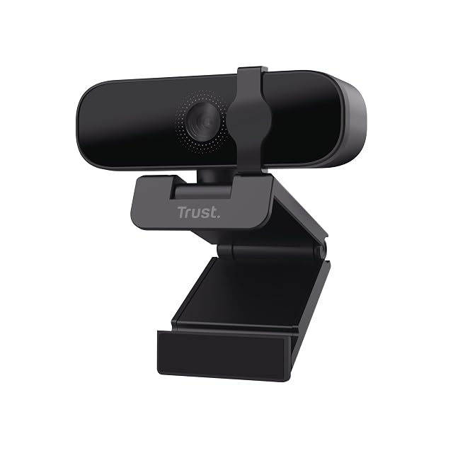 Trust Oran black webcam with a sliding privacy cover on a universal stand