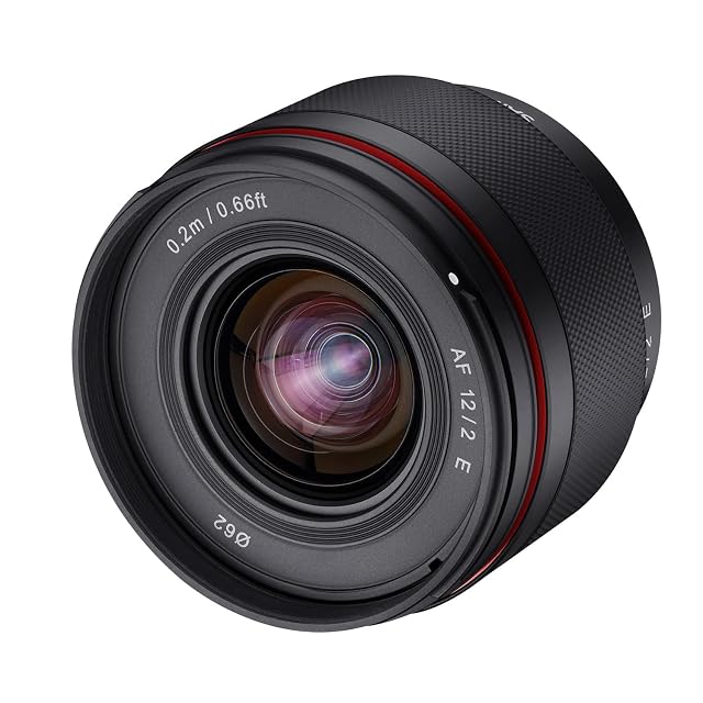 Samyang AF 12mm F2.0 wide-angle prime in black with its detachable hood fitted