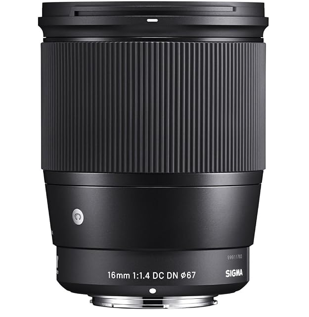 Sigma 16mm F1.4 Contemporary lens in black with a wide front element and a Sony E mount