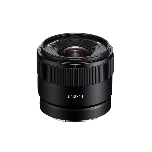 Sony SEL11F18 ultra wide prime in black with its bayonet hood mounted