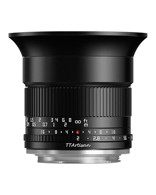 TTARTISAN 10mm F2 ultra wide lens in black with a manual focus ring and a protruding front element